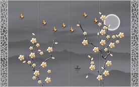 水墨山水简约花鸟背景客厅装饰画