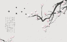 水墨山水简约花鸟背景客厅装饰画