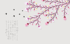 水墨山水简约花鸟背景客厅装饰画