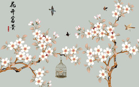 水墨山水简约花鸟背景客厅装饰画