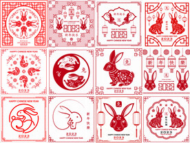 春节兔子剪纸插画图案 