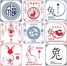 春节兔子剪纸插画图案 