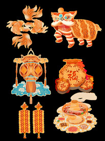 春节兔年插画元素图案 