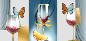 水彩蝴蝶酒杯轻奢三联挂画装饰画