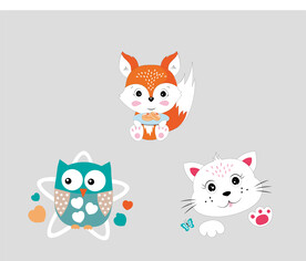 可爱卡通动物 狐狸 猫头鹰