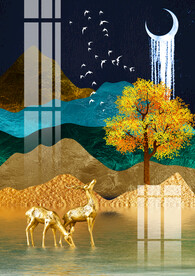 轻奢发财树麋鹿装饰画