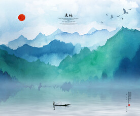 蓝色渐变水墨画 