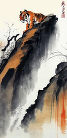 虎踞山崖水墨画