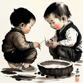 水墨画玩耍的小孩