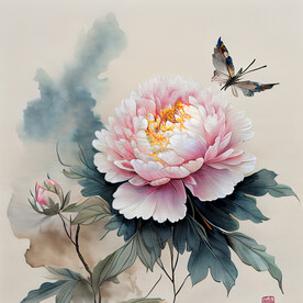 芍药淡彩水墨画