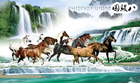马到成功八骏图墙画