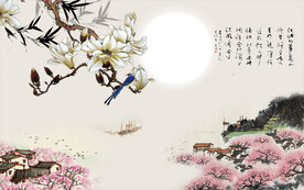 国画兰花电视背景墙