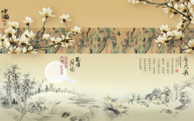 花好月园工笔画电视背景墙 