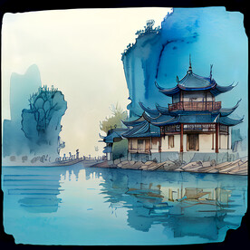 国风蓝色水墨建筑