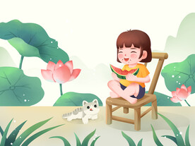 小孩子吃西瓜插画