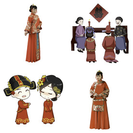 卡通中式婚礼新人中式古典人物