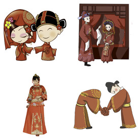 卡通中式婚礼新人中式古典人物