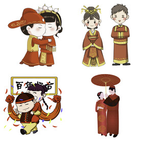 卡通中式婚礼新人中式古典人物