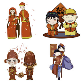 卡通中式婚礼新人中式古典人物