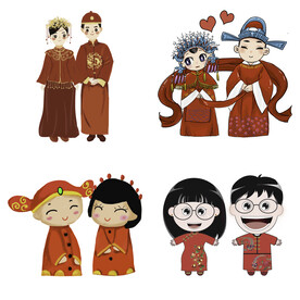 卡通中式婚礼新人中式古典人物