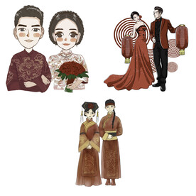 卡通中式婚礼新人中式古典人物