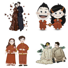 卡通中式婚礼新人中式古典人物