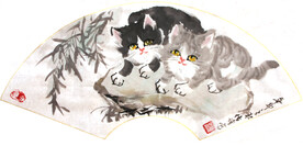 林传普国画扇面双猫