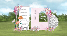 玫红色草坪婚礼合影区