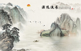 流水生财山壁画水墨画