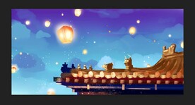 孔明灯建筑夜色风景