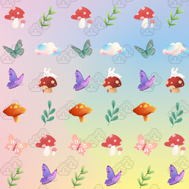蘑菇蝴蝶花草云朵无缝背景图案