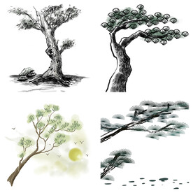 水墨松树松枝迎客松水墨画