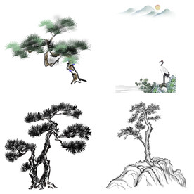 水墨松树松枝迎客松水墨画