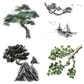 水墨松树松枝迎客松水墨画