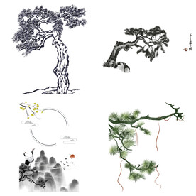 中国风水墨松树松枝迎客松水墨画