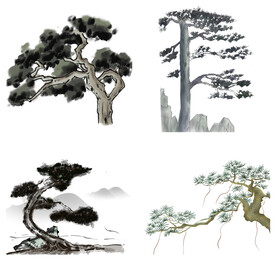中国风水墨松树松枝迎客松水墨画
