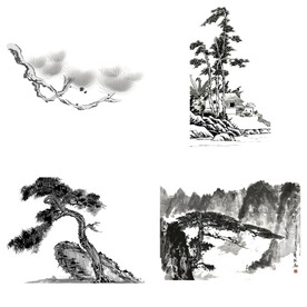 中国风水墨松树松枝迎客松水墨画