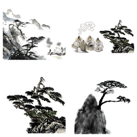 中国风水墨松树松枝迎客松水墨画