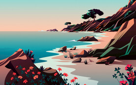 大海山峰树林插画风格背景