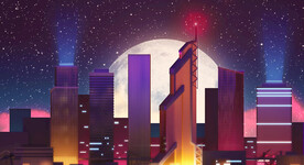 夜晚城市高楼大厦霓虹插画背景