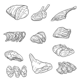 牛排 羊排线描矢量插画