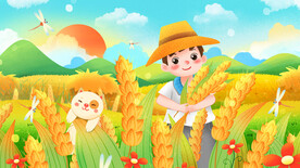 收麦子的男孩插画