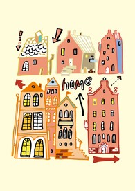 橘色系家园场景建筑手绘