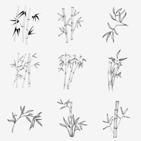 简约黑白水墨线稿中国风竹子素材