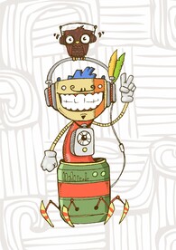 抽象机器人猫头鹰戴耳机听音乐