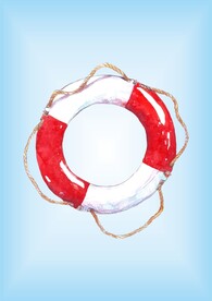 海边红白救生圈水彩画