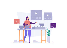 紫色调扁平风格的人物活动场景