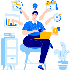 蓝色调扁平风格的人物活动场景