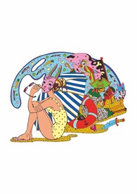 海边 戴面具的女孩 沙滩 小鸟