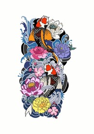 锦鲤遨游 海浪花朵日本